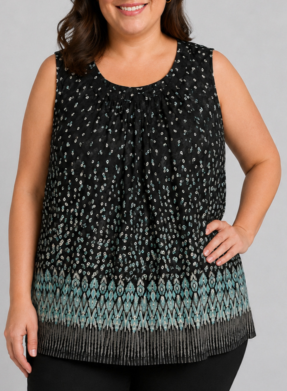 Talbots Woman 3X Black Aqua Border Print Sleeveless Cotton Pleated Blouse Top